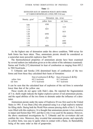 OTHER NITRO DERIVATIVES OF PHENOLS 529
TABLE 121
DETONATION RATE OF AMMONIUM PICRATE (BOTH FORMS)
AT VARIOUS DENSITIES (IN A STEEL PIPE 35/42 mm)
1.56
1.58
1.60
Density, g/cm3
0.86
1.11
1.34
1.35
1.49
1.50
1.55
Detonation rate, m/sec
yellow form red form
4380 -
- 5155
5835 -
5835
6950 -
- 6960
6995 -
-. 6995
6200
6030 -
As the highest rate of detonation under the above condition, 7000 m/sec for
both forms has been taken. Thus, ammonium picrate should be considered as
a somewhat more powerful explosive than TNT.
The thermochemical properties of ammonium picrate have been examined
by several authors (no indication given as to the colour of the substance examined).
Sarrau and Vieille [17] determined its heat of combustion as ranging from 693.2
to 708.9 kcal/mole.
T. Urbanski and Soroka [18] determined heats of combustion of the two
forms and from these they calculated their heats of formation:
Heat of combustion (−∆ HR) Heat of formation (−∆ Hf)
yellow form 687.3 kcal/mole 83.7 kcal/mole
red form 677.3 kcal/mole 93.7 kcal/mole
It can be seen that the calculated heat of explosion of the red form is somewhat
lower than that of the yellow one.
These results do not agree with Hale’s data. He reported the fragmentation
of 3 in. shells might indicate the higher explosive power of red ammonium picrate,
and the equal abilities of the two forms to detonate under the influence of a deto-
nator.
Ammonium picrate under the name of Explosive D was first used in the United
States in 1901. It was Dunn [18a] who proposed using it as a high explosive material
for filling shells. During both the World Wars armour piercing shells of the U. S. Navy
were filled with this explosive. It is thought that ammonium picrate is less sensitive
to impact and friction than TNT, and that is why it was used for the purpose. However,
the above mentioned investigations by T. Urbanski and his co-workers did not
confirm the view. Moreover, they revealed that ammonium picrate, and especially
its yellow form, was easy to ignite when in contact with a flame, its flammability
being of the same order as that of gunpowder.
 