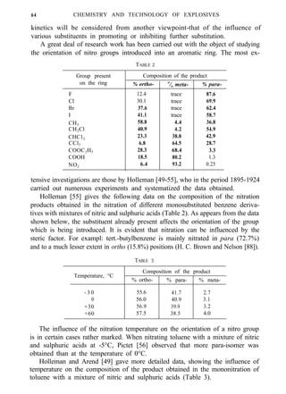 64 CHEMISTRY AND TECHNOLOGY OF EXPLOSIVES
kinetics will be considered from another viewpoint-that of the influence of
various substituents in promoting or inhibiting further substitution.
A great deal of research work has been carried out with the object of studying
the orientation of nitro groups introduced into an aromatic ring. The most ex-
Group present
on the ring
F
Cl
Br
I
CH3
CH2Cl
CHC12
CCl3
COOC2H5
COOH
NO2
TABLE 2
Composition of the product
% ortho- o
/o meta-
12.4 trace
30.1 trace
37.6 trace
41.1 trace
58.8 4.4
40.9 4.2
23.3 38.8
6.8 64.5
28.3 68.4
18.5 80.2
6.4 93.2
% para-
87.6
69.9
62.4
58.7
36.8
54.9
42.9
28.7
3.3
1.3
0.25
tensive investigations are those by Holleman [49-55], who in the period 1895-1924
carried out numerous experiments and systematized the data obtained.
Holleman [55] gives the following data on the composition of the nitration
products obtained in the nitration of different monosubstituted benzene deriva-
tives with mixtures of nitric and sulphuric acids (Table 2). As appears from the data
shown below, the substituent already present affects the orientation of the group
which is being introduced. It is evident that nitration can be influenced by the
steric factor. For exampl: tert.-butylbenzene is mainly nitrated in para (72.7%)
and to a much lesser extent in ortho (15.8%) positions (H. C. Brown and Nelson [88]).
TABLE 3
Temperature, °C
Composition of the product
% ortho- % para- % meta-
- 3 0 55.6 41.7 2.7
0 56.0 40.9 3.1
+30 56.9 39.9 3.2
+60 57.5 38.5 4.0
The influence of the nitration temperature on the orientation of a nitro group
is in certain cases rather marked. When nitrating toluene with a mixture of nitric
and sulphuric acids at -5°C, Pictet [56] observed that more para-isomer was
obtained than at the temperature of 0°C.
Holleman and Arend [49] gave more detailed data, showing the influence of
temperature on the composition of the product obtained in the mononitration of
toluene with a mixture of nitric and sulphuric acids (Table 3).
 