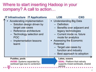 Where to start inserting Hadoop in your
company? A call to action…
 IT Infrastructure IT Applications         LOB                CXO
    Accelerating implementation        Understanding Big Data
      – Solution design driven by        – Definition
         target use cases                – Benefits over adjacent and
      – Reference architecture              legacy technologies
      – Technology selection and         – Current mode vs. future
         POC                                mode for analytics
      – Implementation lessons          Assessing the Economic
         learnt                          Potential
                                         – Target use cases by
                                            function and industry
                                         – Best approach to adoption
     Puddles, pools                          Lakes, oceans
     AVOID: Systems separated by             GOAL: Platform that natively
     workload type due to contention         supports mixed workloads, shared
                                             service
                                                                                21
 