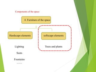 Components of the space
4. Furniture of the space
Hardscape elements softscape elements
Trees and plantsLighting
Seats
Fountains
……
 