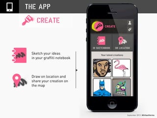 September 2013 | #UrbanStories
THE APP
CREATE
Sketch your ideas
in your graffiti notebook
Draw on location and
share your creation on
the map
 