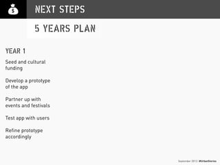 September 2013 | #UrbanStories
NEXT STEPS
5 YEARS PLAN
Seed and cultural
funding
Develop a prototype
of the app
Partner up with
events and festivals
Test app with users
Refine prototype
accordingly
YEAR 1
 