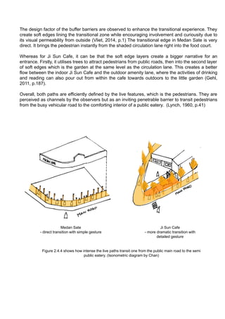 The design factor of the buffer barriers are observed to enhance the transitional experience. They
create soft edges lining the transitional zone while encouraging involvement and curiousity due to
its visual permeability from outside (Vliet, 2014, p.1) The transitional edge in Medan Sate is very
direct. It brings the pedestrian instantly from the shaded circulation lane right into the food court.
Whereas for Ji Sun Cafe, it can be that the soft edge layers create a bigger narrative for an
entrance. Firstly, it utilises trees to attract pedestrians from public roads, then into the second layer
of soft edges which is the garden at the same level as the circulation lane. This creates a better
flow between the indoor Ji Sun Cafe and the outdoor amenity lane, where the activities of drinking
and reading can also pour out from within the cafe towards outdoors to the little garden (Gehl,
2011, p.187).
Overall, both paths are efficiently defined by the live features, which is the pedestrians. They are
perceived as channels by the observers but as an inviting penetrable barrier to transit pedestrians
from the busy vehicular road to the comforting interior of a public eatery. (Lynch, 1960, p.41)
Figure 2.4.4 shows how intense the live paths transit one from the public main road to the semi
public eatery. (Isonometric diagram by Chan)
Medan Sate
- direct transition with simple gesture
Ji Sun Cafe
- more dramatic transition with
detailed gesture
 