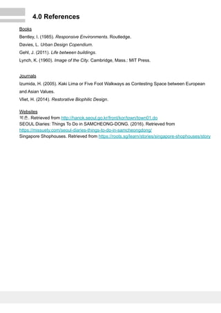 4.0 References
Books
Bentley, I. (1985). Responsive Environments. Routledge.
Davies, L. Urban Design Copendium.
Gehl, J. (2011). Life between buildings.
Lynch, K. (1960). Image of the City. Cambridge, Mass.: MIT Press.
Journals
Izumida, H. (2005). Kaki Lima or Five Foot Walkways as Contesting Space between European
and Asian Values.
Vliet, H. (2014). Restorative Biophilic Design.
Websites
북촌. Retrieved from http://hanok.seoul.go.kr/front/kor/town/town01.do
SEOUL Diaries: Things To Do in SAMCHEONG-DONG. (2016). Retrieved from
https://missuety.com/seoul-diaries-things-to-do-in-samcheongdong/
Singapore Shophouses. Retrieved from https://roots.sg/learn/stories/singapore-shophouses/story
 