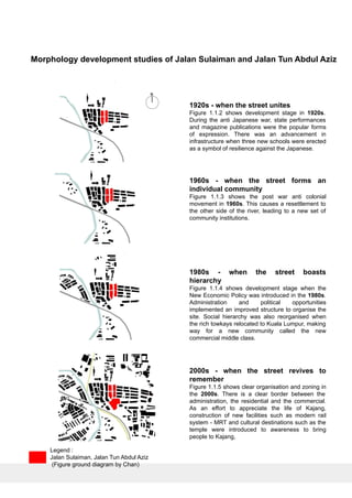 Morphology development studies of Jalan Sulaiman and Jalan Tun Abdul Aziz
1920s - when the street unites
Figure 1.1.2 shows development stage in 1920s.
During the anti Japanese war, state performances
and magazine publications were the popular forms
of expression. There was an advancement in
infrastructure when three new schools were erected
as a symbol of resilience against the Japanese.
1960s - when the street forms an
individual community
Figure 1.1.3 shows the post war anti colonial
movement in 1960s. This causes a resettlement to
the other side of the river, leading to a new set of
community institutions.
1980s - when the street boasts
hierarchy
Figure 1.1.4 shows development stage when the
New Economic Policy was introduced in the 1980s.
Administration and political opportunities
implemented an improved structure to organise the
site. Social hierarchy was also reorganised when
the rich towkays relocated to Kuala Lumpur, making
way for a new community called the new
commercial middle class.
2000s - when the street revives to
remember
Figure 1.1.5 shows clear organisation and zoning in
the 2000s. There is a clear border between the
administration, the residential and the commercial.
As an effort to appreciate the life of Kajang,
construction of new facilities such as modern rail
system - MRT and cultural destinations such as the
temple were introduced to awareness to bring
people to Kajang,
Legend :
Jalan Sulaiman, Jalan Tun Abdul Aziz
(Figure ground diagram by Chan)
 