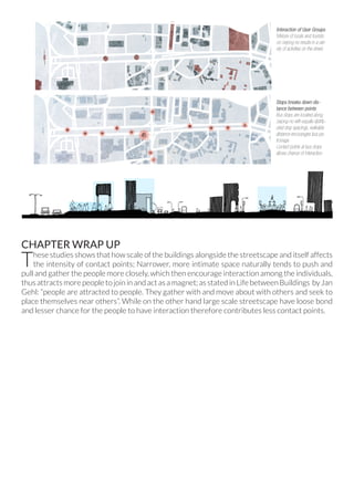 CHAPTER WRAP UP
These studies shows that how scale of the buildings alongside the streetscape and itself affects
the intensity of contact points; Narrower, more intimate space naturally tends to push and
pull and gather the people more closely, which then encourage interaction among the individuals,
thusattractsmorepeopletojoininandactasamagnet;asstatedinLifebetweenBuildings byJan
Gehl: “people are attracted to people. They gather with and move about with others and seek to
place themselves near others”. While on the other hand large scale streetscape have loose bond
and lesser chance for the people to have interaction therefore contributes less contact points.
 