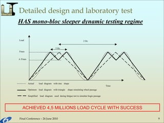 Final Conference – 24 June 2010 9
Detailed design and laboratory test
Time
Load 2 Hz
5 Hz
Fmax
.Fmax
Actual load diagram with sine shape
Optimum load diagram with triangle shape simulating wheel passage
Simplified load diagram used during fatigue test to simulate bogie passage
ACHIEVED 4,5 MILLIONS LOAD CYCLE WITH SUCCESS
HAS mono-bloc sleeper dynamic testing regime
 
