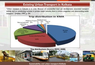 Existing UrbanTransport in Kolkata
Trip distributions (Source: IDFC, 2008)
“Urban transport in Calcutta is in crisis. Because of uncontrolled land use development, associated transport
activity and an unrelenting increase in private motor vehicles, there is severe congestion and deteriorating public
transport.” (Halder, 1997, p. 24)
Sustainability and urban transport-Kolkata
 