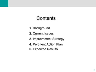 2
1. Background
2. Current Issues
3. Improvement Strategy
4. Pertinent Action Plan
5. Expected Results
Contents
 