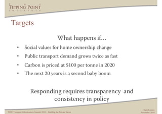Targets
                                                      What happens if…
         •        Social values for home ownership change
         •        Public transport demand grows twice as fast
         •        Carbon is priced at $100 per tonne in 2020
         •        The next 20 years is a second baby boom


                        Responding requires transparency and
                                consistency in policy
                                                                           Kym Lennox
NSW Transport Infrastructure Summit 2010 – Enabling the Private Sector   November 2010
 