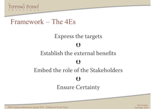Framework – The 4Es
                                     Express the targets
                                               
                                Establish the external benefits
                                               
                              Embed the role of the Stakeholders
                                               
                                       Ensure Certainty

                                                                           Kym Lennox
NSW Transport Infrastructure Summit 2010 – Enabling the Private Sector   November 2010
 