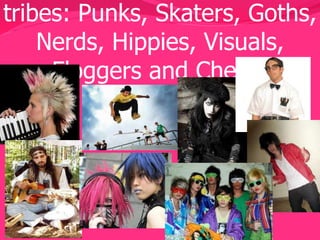 tribes: Punks, Skaters, Goths,
Nerds, Hippies, Visuals,
Floggers and Chetos

 