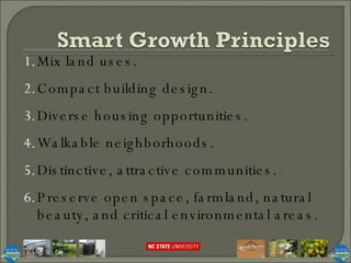 Mix land uses. Compact building design. Diverse housing opportunities. Walkable neighborhoods. Distinctive, attractive communities. Preserve open space, farmland, natural beauty, and critical environmental areas. 
