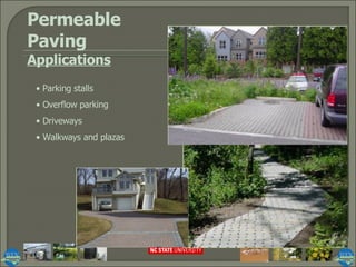 Permeable  Paving Applications Parking stalls Overflow parking Driveways Walkways and plazas 
