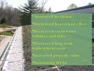 www.bae.ncsu.edu/stormwater Increased insulation Decreased heat island effect Decreased stormwater volumes and rates Decreased long-term replacement costs Increased property value Downsizing HVAC 