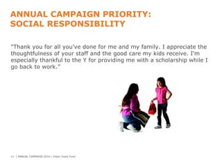 ANNUAL CAMPAIGN PRIORITY:
SOCIAL RESPONSIBILITY
"Thank you for all you've done for me and my family. I appreciate the
thoughtfulness of your staff and the good care my kids receive. I'm
especially thankful to the Y for providing me with a scholarship while I
go back to work.”

11 | ANNUAL CAMPAIGN 2014 | Urban Youth Fund

 