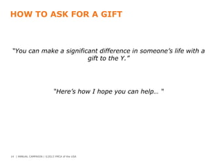 HOW TO ASK FOR A GIFT

“You can make a significant difference in someone’s life with a
gift to the Y.”

“Here’s how I hope you can help… “

14 | ANNUAL CAMPAIGN | ©2013 YMCA of the USA

 