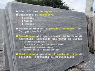 Identificare le  opportunità Conoscere il  mercato /i  Confini Attori regole Definire mission e  prodotti coerenti  con le  opportunità   Coordinare  gli  specialisti delle leve  di marketing, lavorando dal punto di vista: Grafico-editoriale Distributivo (MULTIPIATTAFORMA!!) Economico e commerciale Promozionale e pubblicitario Monitorare  e gestire  il ciclo di vita  del prodotto (strategia di portafoglio) ® Guido Masnata – www.promediaexpert.com 