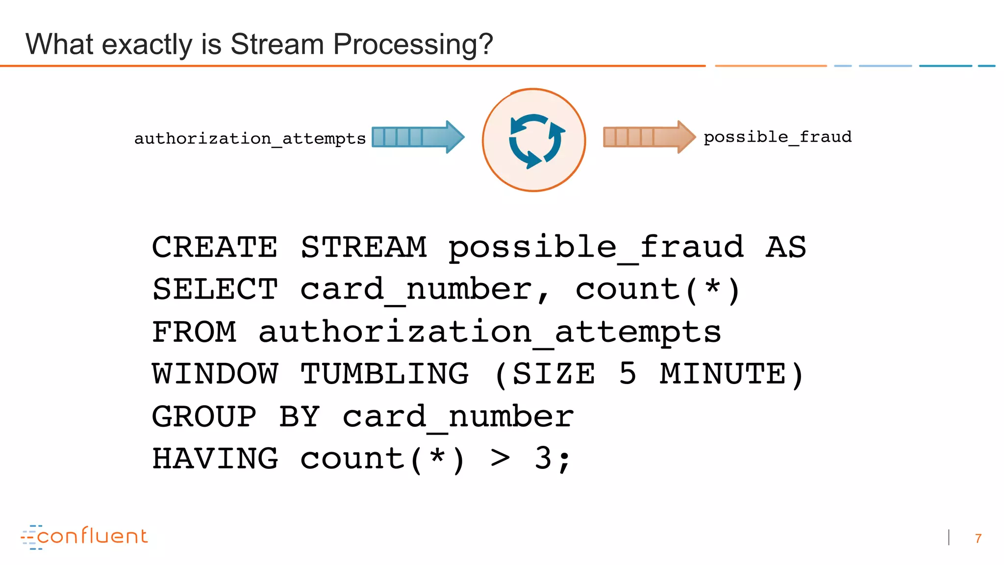 7
CREATE STREAM possible_fraud AS
SELECT card_number, count(*)
FROM authorization_attempts
WINDOW TUMBLING (SIZE 5 MINUTE)
GROUP BY card_number
HAVING count(*) > 3;
What exactly is Stream Processing?
authorization_attempts possible_fraud
 