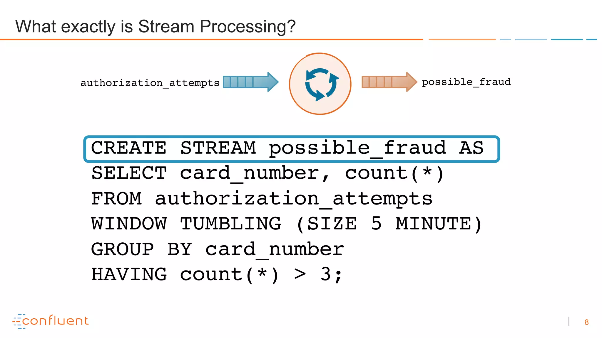 8
CREATE STREAM possible_fraud AS
SELECT card_number, count(*)
FROM authorization_attempts
WINDOW TUMBLING (SIZE 5 MINUTE)
GROUP BY card_number
HAVING count(*) > 3;
authorization_attempts possible_fraud
What exactly is Stream Processing?
 