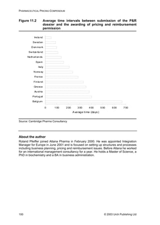 PHARMACEUTICAL PRICING COMPENDIUM
Figure 11.2 Average time intervals between submission of the P&R
dossier and the awarding of pricing and reimbursement
permission
0 100 200 300 400 500 600 700
Belgium
Portugal
Austria
Greece
Finland
France
Norway
Italy
Spain
Netherlands
Switzerland
Denmark
Sweden
Ireland
Average time (days)
Source: Cambridge Pharma Consultancy
About the author
Roland Pfeiffer joined Altana Pharma in February 2000. He was appointed Integration
Manager for Europe in June 2001 and is focused on setting up structures and processes
including business planning, pricing and reimbursement issues. Before Altana he worked
for an international management consultancy for a year. He holds a Master of Science, a
PhD in biochemistry and a BA in business administration.
© 2003 Urch Publishing Ltd100
 