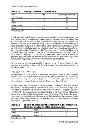 PHARMACEUTICAL PRICING COMPENDIUM
Table 12.1 World pharmaceutical market, 2001
Area €m Percentage of market
US + Canada 18 602
EU 66 22
Japan 47 15
Mexico/Brazil 10 3
Total 30 1005
Source: IMS Health
A study published recently in Scrip magazine suggested that, in contrast to countries with
price controls, patients who live in free markets get better medicines sooner. Physicians who
practise in free markets get more thorough information, more quickly, and nations that
maintain a free market for healthcare enjoy a level of pharmaceutical investment much
higher than nations that do not. In other words, a nation is economically stronger, its science
more robust, its people better cared for, when that nation’s government opens itself to the
forces of the free market. Unsurprisingly, R&D investment tracks a parallel line. However, a
close look shows that while R&D spending in Germany has doubled since 1987, most of
that doubling occurred by 1992. The past 10 years of price cuts (5% in 2001) have been
spent recouping investment that was lost after the short-lived and unsuccessful experiment
with physician drug budgets, price control and the impact of parallel trade.
Over the same period, pharmaceutical R&D spending in the US increased fivefold – the
results are now starting to show, with the bulk of top-selling drugs now researched in
the US (see Table 12.2)
Price regulation and free trade
Price regulation is to be found in a particularly well-defined form in those European
countries with a low GNP and correspondingly low budgets for healthcare. The result: lower
prices than in the originator countries. Figure 12.1 shows the wide range of pharmaceutical
prices in Europe, where the highest average is 2.3 times more than the lowest.
The key reasons for these differences are the authorities’ interference in pricing and the
difficulties in adjusting prices in line with inflation or fluctuations in exchange rates.
The enforced acceptance of low prices effectively constitutes a European solidarity
contribution by the pharmaceutical industry for countries that cannot afford the research
but are able at least to bear the marginal costs. The positive effect is that the poorer
countries are not excluded from using innovative pharmaceuticals, the negative effect is
that some arbitrageurs exploit these price differences and EU free trade, and re-import
the drugs into high-priced countries.
Table 12.2 Results of a free-market environment in pharmaceuticals.
Originator area for the 50 top-selling products
1988 1998 2003
19 US 32 US ?
28 Europe 14 Europe ?
Source: Schering AG
© 2003 Urch Publishing Ltd102
 