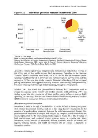 BIO-PHARMACEUTICAL PRICES AND THE US ECONOMY
Figure 13.3 Worldwide genomics research investments, 2000
$0
$500
$1,000
$1,500
$2,000
$2,500
Government & Non-
profit
Publi cly traded
Genomics Firms
Publi cly traded
Pharma Biotech
US$m
$1, 805
$2, 061
$900
Publ ic
Sector
32%
Private
Sector
68%
(Publicly
traded and
privately
held)
a
a
a
$800m to $1bn range.
Note: inclusion of privately held firms would add another $0.5–1bn.
Source: World Survey of Funding for Genomics Research, Stanford-in-Washington Program, Robert
Cook-Degan, ‘Genomics R&D: some facts & figures’, Human Genome Discovery/TriGenome
Conference, February 2002, Santa Clara, California, USA.
A healthy, venture-capital-based entrepreneurial biotechnology industry has evolved in
the US as part of this public–private R&D partnership. According to the National
Venture Capital Association, about $3bn – or 8.2% – of the $36.5bn in venture capital
funding available in the US in 2001 went into biotechnology. In Europe, about half that
amount, or €1.7bn, went into similar research. The nature of the large, US market-based
pricing environment has supported not only domestic biotechnology entrepreneurship,
but also worldwide biotechnology entrepreneurship, though to a lesser extent.
Scherer (2001) has noted that ‘pharmaceutical industry R&D investments tend to
exceed risk-adjusted capital costs by only modest amounts’ and Lichtenberg (2001) has
further argued that the expectation of future profits greatly influences current R&D
spending. He concluded that ‘policies that threaten to diminish future profits will reduce
R&D investment today, even if they do not affect current profits’.
Bio-pharmaceutical Innovation
Innovation is truly in the eye of the beholder. It can be defined as running the gamut
from modest incremental novelty, such as a new drug-delivery mechanism, to the
creation of groundbreaking treatments that cure the underlying causes of disease. Bio-
pharmaceutical innovation is shaped and affected by complex global dimensions and
issues, represented by the interlocking puzzle pieces in Figure 13.4. The presence of
both market-based and regulated pricing systems, access to existing and future
innovation, health benefits of innovation, broader economic benefits to nations and
regions, industry returns, and R&D investments are all critical components in
innovation creation.
© 2003 Urch Publishing Ltd 111
 