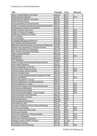 PHARMACEUTICAL PRICING COMPENDIUM
Title Pub date Price Discount
Gene Therapy Players 2nd edition Aug-99 £375
Global Generics Markets Jul-99 £475 30%
Global Pharma Markets 2nd edition Apr-98 £425
Global Pharma Pricing Mar-00 £495
Good Laboratory & Clinical Practice Mar-01 £180
Guide to European Pharma Pricing & Reimbursement Oct-01 £220
Harnessing the Power of E-Business Jan-00 £595
Health & Pharma Ind Czech Jan-96 £320 30%
Health & Pharma of Hungary Jan-96 £320 30%
Healthcare & Pharma in Poland Jan-96 £320 50%
HIV and AIDS Jan-98 £475 10%
Immunotherapy Sep-96 £350 50%
Knowledge Management/Pharma Sep-98 £495 20%
Latin America Building Business Aug-98 £650 20%
Marketing Pharmaceuticals in Indochina & Philippines Jan-98 £395 20%
Mergers and Acquisitions in Pharmaceuticals Jan-98 £495 20%
New Drug Development Strategies Dec-99 £450
New Trends in European Pharmacy Jan-01 £795
Oligonucleotide Players May-99 £375
Orthopaedics Jun-97 £350 30%
Osteoporosis May-98 £475
OTC Strategies Aug-98 £525
Patient Groups and the Global Pharma Industry Jul-00 £495
Personalised Medicine Aug-01 £795
Pharma Distribution in the US Nov-98 £525
Pharma Health Industry in China Jan-97 £300 30%
Pharma Industry and the Internet Jan-97 £325 30%
Pharma Parallel Trade Mar-00 £450
Pharma Pricing & Reimbursement Systems of CEE Jun-02 £450
Pharma Profitability Jan-97 £425 30%
Pharma Regulation in Europe May-00 £495
Pharma Regulations in Emerging Markets Sep-01 £795
Pharma Research in Japan Nov-97 £395 30%
Pharma/HC Industry in the Former Soviet Union Jan-96 £350 50%
Pharmaceutical Marketing Jan-98 £525 20%
Pharmaceutical Packaging Jan-97 £350 30%
Pharmaceutical Strategies – Prime Targets Jun-99 £525 20%
Pharmaceuticals Fine Chemicals May-00 £495
Pharmaceuticals in Russia Jan-00 £495
Pharmacogenomics Sep-98 £595
Pharmacogenomics Players Nov-99 £375
PharmaSource 2001 Jul-01 £99
Principles of Effective Online Pharma Marketing Dec-99 £295
Procuring Technology Jul-98 £95 50%
Product Positioning Prime Care Jan-98 £625 30%
Pulmonary Diseases Feb-99 £625
Rx-to-OTC Switching – Pharma Industry Sep-00 £795 10%
Sales Force Strategies Dec-98 £525 10%
Second-tier Pharma Companies Aug-99 £495 10%
Strategic Impact of ERP in Pharma Apr-01 £1,500
Successful Licensing Apr-99 £450
Successful Pharma Branding Jun-98 £495 20%
© 2003 Urch Publishing Ltd146
 