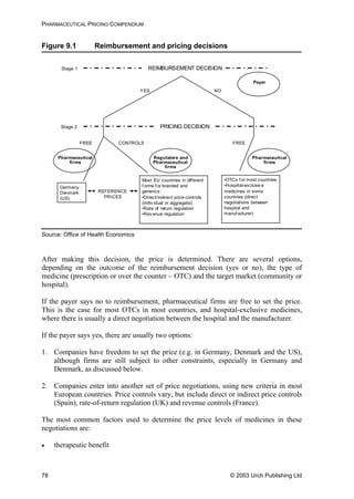 PHARMACEUTICAL PRICING COMPENDIUM
Figure 9.1 Reimbursement and pricing decisions
Stage 1
Stage 2
REIMBURSEMENT DECISION
PRICING DECISION
YES NO
Pharmaceutical
firms
FREE
Germany
Denmark
(US)
CONTROLS
Regulators and
Pharmaceutical
firms
FREE
Pharmaceutical
firms
REFERENCE
PRICES
Most EU countries in different
f orms f or branded and
generics:
•Direct/indirect price controls
(indiv idual or aggregate)
•Rate of return regulation
•Rev enue regulation
•OTCs f or most countries
•Hospital-exclusiv e
medicines in some
countries (direct
negotiations between
hospital and
manuf acturer)
Payer
Source: Office of Health Economics
After making this decision, the price is determined. There are several options,
depending on the outcome of the reimbursement decision (yes or no), the type of
medicine (prescription or over the counter – OTC) and the target market (community or
hospital).
If the payer says no to reimbursement, pharmaceutical firms are free to set the price.
This is the case for most OTCs in most countries, and hospital-exclusive medicines,
where there is usually a direct negotiation between the hospital and the manufacturer.
If the payer says yes, there are usually two options:
1. Companies have freedom to set the price (e.g. in Germany, Denmark and the US),
although firms are still subject to other constraints, especially in Germany and
Denmark, as discussed below.
2. Companies enter into another set of price negotiations, using new criteria in most
European countries. Price controls vary, but include direct or indirect price controls
(Spain), rate-of-return regulation (UK) and revenue controls (France).
The most common factors used to determine the price levels of medicines in these
negotiations are:
• therapeutic benefit
© 2003 Urch Publishing Ltd78
 