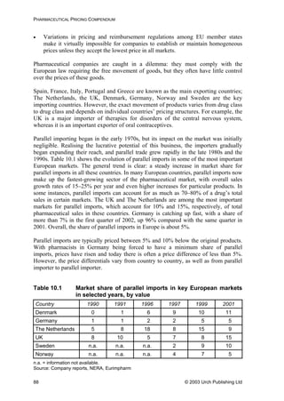 PHARMACEUTICAL PRICING COMPENDIUM
• Variations in pricing and reimbursement regulations among EU member states
make it virtually impossible for companies to establish or maintain homogeneous
prices unless they accept the lowest price in all markets.
Pharmaceutical companies are caught in a dilemma: they must comply with the
European law requiring the free movement of goods, but they often have little control
over the prices of these goods.
Spain, France, Italy, Portugal and Greece are known as the main exporting countries;
The Netherlands, the UK, Denmark, Germany, Norway and Sweden are the key
importing countries. However, the exact movement of products varies from drug class
to drug class and depends on individual countries’ pricing structures. For example, the
UK is a major importer of therapies for disorders of the central nervous system,
whereas it is an important exporter of oral contraceptives.
Parallel importing began in the early 1970s, but its impact on the market was initially
negligible. Realising the lucrative potential of this business, the importers gradually
began expanding their reach, and parallel trade grew rapidly in the late 1980s and the
1990s. Table 10.1 shows the evolution of parallel imports in some of the most important
European markets. The general trend is clear: a steady increase in market share for
parallel imports in all these countries. In many European countries, parallel imports now
make up the fastest-growing sector of the pharmaceutical market, with overall sales
growth rates of 15–25% per year and even higher increases for particular products. In
some instances, parallel imports can account for as much as 70–80% of a drug’s total
sales in certain markets. The UK and The Netherlands are among the most important
markets for parallel imports, which account for 10% and 15%, respectively, of total
pharmaceutical sales in these countries. Germany is catching up fast, with a share of
more than 7% in the first quarter of 2002, up 96% compared with the same quarter in
2001. Overall, the share of parallel imports in Europe is about 5%.
Parallel imports are typically priced between 5% and 10% below the original products.
With pharmacists in Germany being forced to have a minimum share of parallel
imports, prices have risen and today there is often a price difference of less than 5%.
However, the price differentials vary from country to country, as well as from parallel
importer to parallel importer.
Table 10.1 Market share of parallel imports in key European markets
in selected years, by value
Country 1990 1991 1996 1997 1999 2001
Denmark 0 1 6 9 10 11
Germany 1 1 2 2 5 5
The Netherlands 5 8 18 8 15 9
UK 8 10 5 7 8 15
Sweden n.a. n.a. n.a. 2 9 10
Norway n.a. n.a. n.a. 4 7 5
n.a. = information not available.
Source: Company reports, NERA, Eurimpharm
© 2003 Urch Publishing Ltd88
 