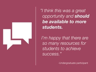 "I think this was a great
opportunity and should
be available to more
students.
I'm happy that there are
so many resources for
students to achieve
success.”
-Undergraduate participant
 