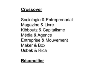 Crossover 
Sociologie & Entreprenariat 
Magazine & Livre 
Kibboutz & Capitalisme 
Média & Agence 
Entreprise & Mouvement 
Maker & Box 
Usbek & Rica 
Réconcilier 
