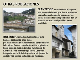 ELANTXOBE, se extiende a lo largo de
una empinada ladera que desde lo alto cae
hasta el pequeño puerto pesquero. Las
casas, escalonadas en la pendiente, dan un
especial encanto y originalidad a esta
localidad.
OTRAS POBLACIONES
BUSTURIA ,formado actualmente por siete
barrios , destacando el de Axpe
por estar ubicada en el barrio la casa consistorial de
la localidad. Son recomendables visitar la Iglesia de
Santa María de Axpe, la Ermita o humilladero de
Kurtzio, la Torre de Madariaga (ahora Centro de
interpretación de Urdaibai) y su torre reloj anexa de
carácter neo-clásica y el palacio de Txirapozu.
 
