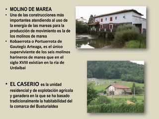 • MOLINO DE MAREA
• Una de las construcciones más
importantes atendiendo al uso de
la energía de las mareas para la
producción de movimiento es la de
los molinos de marea
• Kobaerrota o Portuerrota de
Gautegiz Arteaga, es el único
superviviente de los seis molinos
harineros de marea que en el
siglo XVIII existían en la ría de
Urdaibai
• EL CASERIO es la unidad
residencial y de explotación agrícola
y ganadera en la que se ha basado
tradicionalmente la habitabilidad del
la comarca del Busturialdea
 