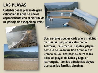 Urdaibai posee playas de gran
calidad en las que se une el
esparcimiento con el disfrute de
un paisaje de excepcional valor.
LAS PLAYAS
Sus arenales acogen cada año a multitud
de turistas, pequeñas calas como
Antzoras, cala rocosa Lapatza, playas
como la de Laidatxu, San Antonio o la
urbana de Ea, destacando entre todas
ellas las playas de Laida y Laga en
Ibarrangelu, son las principales playas
que usan las familias vizcaínas.
 