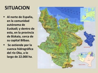 SITUACION
 Al norte de España,
en la comunidad
autónoma de
Euskadi; y dentro de
esta, en la provincia
de Bizkaia, cerca de
su capital Bilbao.
 Se extiende por la
cuenca hidrográfica
del río Oka, a lo
largo de 22.000 ha.
 