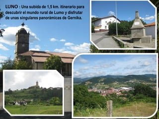 LUNO : Una subida de 1,5 km. itinerario para
descubrir el mundo rural de Lumo y disfrutar
de unas singulares panorámicas de Gernika.
 