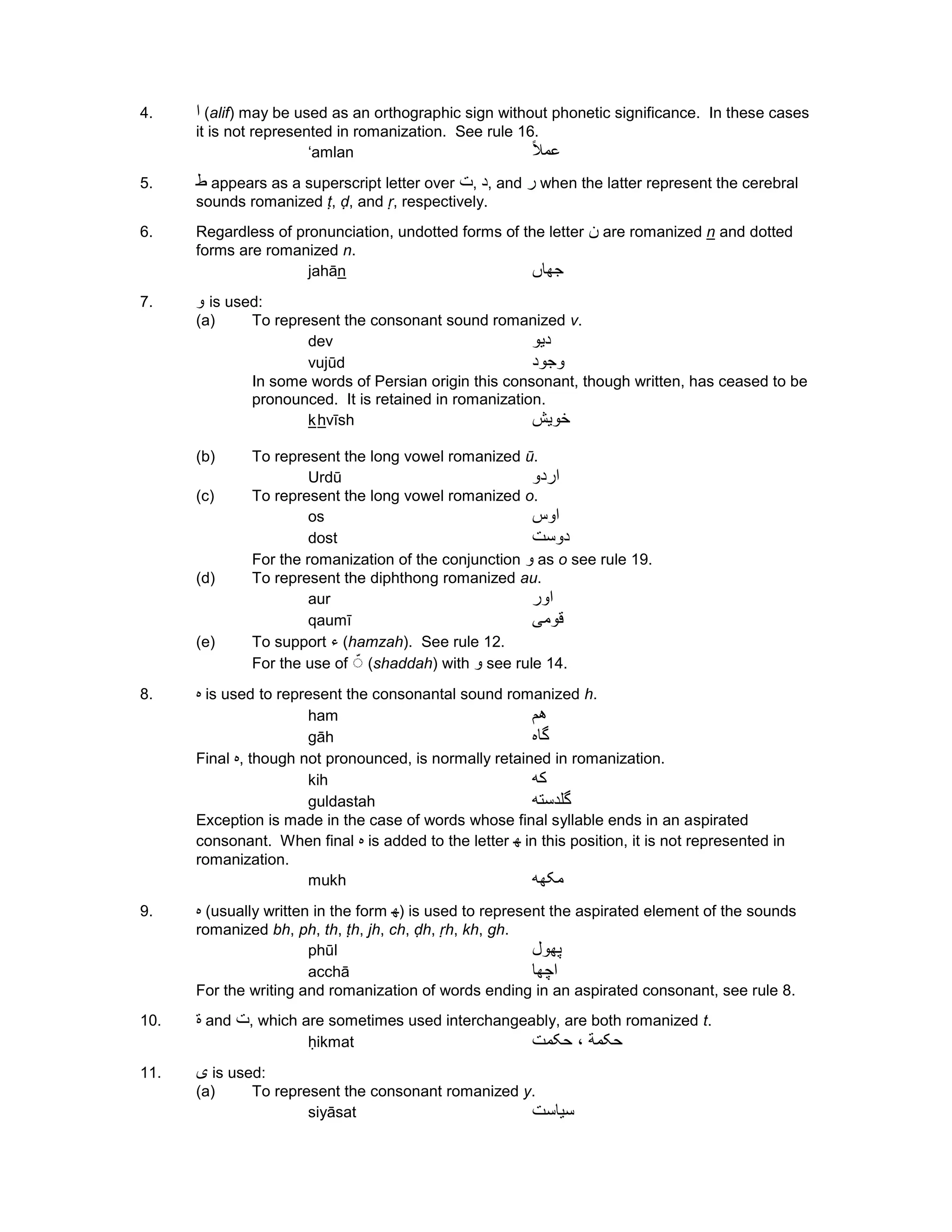 4. ‫ا‬ (alif) may be used as an orthographic sign without phonetic significance. In these cases
it is not represented in romanization. See rule 16.
ʻamlan ‫ا‬‫ل‬‫ﻋﻣ‬
5. ‫ﻁ‬ appears as a superscript letter over ‫ﺕ‬, ‫ﺩ‬, and ‫ﺭ‬ when the latter represent the cerebral
sounds romanized ṭ, ḍ, and ṛ, respectively.
6. Regardless of pronunciation, undotted forms of the letter ‫ﻥ‬ are romanized n and dotted
forms are romanized n.
jahān ‫ﺟﻬﺎں‬
7. ‫ﻭ‬ is used:
(a) To represent the consonant sound romanized v.
dev ‫ﺩﻳﻭ‬
vujūd ‫ﻭﺟﻭﺩ‬
In some words of Persian origin this consonant, though written, has ceased to be
pronounced. It is retained in romanization.
khvīsh ‫ﺧﻭﻳﺵ‬
(b) To represent the long vowel romanized ū.
Urdū ‫اﺭﺩﻭ‬
(c) To represent the long vowel romanized o.
os ‫اﻭﺱ‬
dost ‫ﺩﻭﺳﺕ‬
For the romanization of the conjunction ‫ﻭ‬ as o see rule 19.
(d) To represent the diphthong romanized au.
aur ‫اﻭﺭ‬
qaumī ‫ﻗﻭﻣی‬
(e) To support ‫ء‬ (hamzah). See rule 12.
For the use of َ (shaddah) with ‫ﻭ‬ see rule 14.
8. ‫ه‬ is used to represent the consonantal sound romanized h.
ham ‫ﻫﻡ‬
gāh ‫ﮔﺎه‬
Final ‫ه‬, though not pronounced, is normally retained in romanization.
kih ‫کﻪ‬
guldastah ‫ﮔﻠﺩﺳﺗﻪ‬
Exception is made in the case of words whose final syllable ends in an aspirated
consonant. When final ‫ه‬ is added to the letter ‫ﻬ‬ in this position, it is not represented in
romanization.
mukh ‫ﻣکﻬﻪ‬
9. ‫ه‬ (usually written in the form ‫ﻬ‬) is used to represent the aspirated element of the sounds
romanized bh, ph, th, ṭh, jh, ch, ḍh, ṛh, kh, gh.
phūl ‫ﭘﻬﻭﻝ‬
acchā ‫اﭼﻬﺎ‬
For the writing and romanization of words ending in an aspirated consonant, see rule 8.
10. ‫ة‬ and ‫ﺕ‬, which are sometimes used interchangeably, are both romanized t.
ḥikmat ‫ﺣکﻣﺕ‬ ، ‫ﺣکﻣﺔ‬
11. ‫ی‬ is used:
(a) To represent the consonant romanized y.
siyāsat ‫ﺳﻳﺎﺳﺕ‬
 