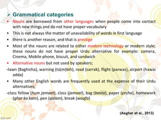  Grammatical categories
• Nouns are borrowed from other languages when people come into contact
with new things and do not have proper vocabulary
• This is not always the matter of unavailability of words in first language
• there is another reason, and that is prestige
• Most of the nouns are related to either modern technology or modern style;
these nouns do not have proper Urdu alternative for example: camera,
Cinema, Mobile phone, biscuit, and sandwich
• Alternative nouns but not used by speakers;
-lawn (Baghicha), warning (ta(m)bih), road (sarrak), flight (parwaz), airport (hawai
adda)
• Many other English words are frequently used at the expense of their Urdu
alternatives;
-class fellow (hum jamaat), class (jamaat), bag (basta), paper (prcha), homework
(ghar ka kam), pen (qalam), break (waqfa)
(Asghar et al., 2013)
 