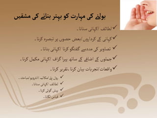 ‫مش‬‫کی‬‫بنانے‬‫بہتر‬‫کو‬‫مہارت‬‫کی‬‫بولےن‬
‫قیں‬

‫ف‬‫لطائ‬
/
‫سنانا۔‬‫کہانی‬

‫ں‬‫و‬‫کردار‬‫کے‬ ‫کہانی‬
/
‫نا۔‬‫ر‬‫ک‬ ‫تبصرہ‬‫پر‬‫حصوں‬ ‫بعض‬

‫نا‬‫ر‬‫ک‬‫فتگو‬‫گ‬ ‫مددسے‬‫کی‬‫تصاویر‬
/
‫بنانا۔‬‫کہانی‬

‫اف‬‫ر‬‫گ‬‫ا‬‫ر‬‫پی‬‫ساتھ‬‫کے‬ ‫اضافے‬‫کے‬ ‫جملوں‬
/
‫مک‬‫کہانی‬
‫نا۔‬‫ر‬‫ک‬‫مل‬

‫واقعات‬
/
‫نا۔‬‫ر‬‫ک‬‫تقریر‬،‫نا‬‫ر‬‫ک‬‫بیان‬ ‫تجربات‬

‫پےل‬ ‫ل‬‫و‬‫ر‬
/
‫مکالمہ‬
/
‫یو‬‫و‬‫انٹر‬
/
‫مباحثہ۔‬

‫ف‬‫لطائ‬
/
‫سنانا۔‬‫کہانی‬

‫نا۔‬‫ر‬‫ک‬‫گوئی‬‫پیش‬

‫لگانا۔‬‫قیاس‬
 