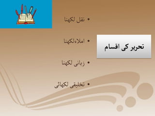 ‫اقسام‬‫کی‬‫یر‬‫ر‬‫تح‬
•
‫لکھنا‬‫نقل‬
•
‫امالءلکھنا‬
•
‫لکھنا‬‫زبانی‬
•
‫لکھائی‬‫تخلیقی‬
 