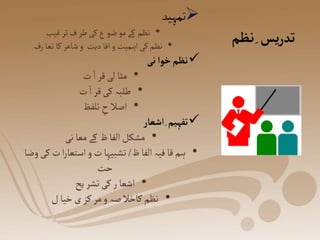 ‫نظ‬ِ‫یس‬‫ر‬‫تد‬
‫م‬

‫ت‬
‫مہید‬
•
‫غیب‬‫تر‬ ‫ف‬‫طر‬ ‫کی‬‫ع‬‫ضو‬‫مو‬‫کے‬ ‫نظم‬
•
‫رف‬‫تعا‬‫کا‬ ‫شاعر‬‫و‬ ‫دیت‬ ‫افا‬‫و‬ ‫اہمیت‬‫کی‬‫نظم‬

‫نی‬‫خوا‬‫نظم‬
•
‫ت‬ ‫ا‬‫قر‬‫لی‬ ‫مثا‬
•
‫ت‬‫ا‬ ‫قر‬‫کی‬ ‫طلبہ‬
•
‫تلفظ‬ ِ
‫ح‬ ‫اصال‬

‫اشعار‬ِ‫تفہیم‬
•
‫نی‬ ‫معا‬‫کے‬ ‫ظ‬‫الفا‬‫مشکل‬
•
‫ظ‬ ‫الفا‬‫فیہ‬‫قا‬‫ہم‬
/
‫ک‬‫ت‬ ‫ا‬‫ر‬‫استعا‬‫و‬‫ت‬ ‫تشبیہا‬
‫وضا‬‫ی‬
‫حت‬
•
‫یح‬‫تشر‬‫کی‬‫ر‬ ‫اشعا‬
•
‫ل‬‫خیا‬‫ی‬‫کز‬‫مر‬‫و‬‫صہ‬‫کاخال‬‫نظم‬
 