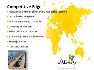 Competitive Edge
Increasing number of player every year in this segment
Cost effective equipments
Real time marketing stra...