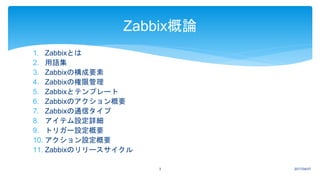 1. Zabbixとは
2. 用語集
3. Zabbixの構成要素
4. Zabbixの権限管理
5. Zabbixとテンプレート
6. Zabbixのアクション概要
7. Zabbixの通信タイプ
8. アイテム設定詳細
9. トリガー設定概要
10. アクション設定概要
11. Zabbixのリリースサイクル
2017/04/073
Zabbix概論
 