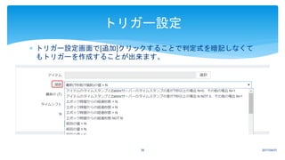 2017/04/0739
トリガー設定
 トリガー設定画面で[追加]クリックすることで判定式を暗記しなくて
もトリガーを作成することが出来ます。
 