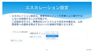  エスカレーション設定は、障害対応コメントの有無により実行する/
しないを制御することが可能です。
この設定を行うと、障害対応コメントにより対応中の場合は、上位
管理者への通知を停止するといった制御が可能になります。
2017/04/0752
エスカレーション設定
 