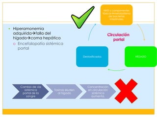 NH3 y componentes
tóxicosmetabolismo
de bacterias
intestinales
Hiperamonemia
adquiridafalla del
hígadocoma hepático
Encefalopatía sistémica
portal
Destoxificados
Cambio de vía
sistémica
portal de la
sangre
Toxinas eluden
al hígado
Concentración
en circulación
sistémica
aumenta.
HÍGADO