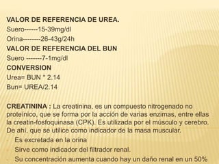 VALOR DE REFERENCIA DE UREA.
Suero------15-39mg/dl
Orina--------26-43g/24h
VALOR DE REFERENCIA DEL BUN
Suero -------7-1mg/dl
CONVERSION
Urea= BUN * 2.14
Bun= UREA/2.14
CREATININA : La creatinina, es un compuesto nitrogenado no
proteínico, que se forma por la acción de varias enzimas, entre ellas
la creatin-fosfoquinasa (CPK). Es utilizada por el músculo y cerebro.
De ahí, que se utilice como indicador de la masa muscular.
• Es excretada en la orina
• Sirve como indicador del filtrador renal.
• Su concentración aumenta cuando hay un daño renal en un 50%
 