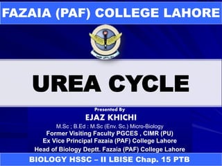 UREA CYCLE
FAZAIA (PAF) COLLEGE LAHORE
Presented By
EJAZ KHICHI
M.Sc ; B.Ed : M.Sc (Env. Sc.) Micro-Biology
Former Visiting Faculty PGCES , CIMR (PU)
Ex Vice Principal Fazaia (PAF) College Lahore
Head of Biology Deptt. Fazaia (PAF) College Lahore
BIOLOGY HSSC – II LBISE Chap. 15 PTB
 