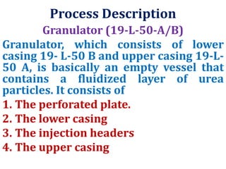 Process Description
Granulator (19-L-50-A/B)
Granulator, which consists of lower
casing 19- L-50 B and upper casing 19-L-
50 A, is basically an empty vessel that
contains a fluidized layer of urea
particles. It consists of
1. The perforated plate.
2. The lower casing
3. The injection headers
4. The upper casing
 